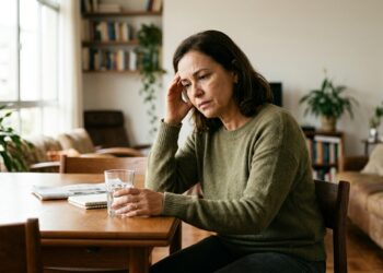 Mulher com cerca de 50 anos sentada próxima à janela segurando copo de água com expressão reflexiva sobre desconforto urinário.