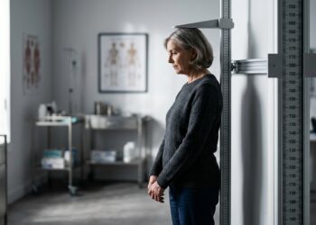 Mulher adulta sendo medida em estadiômetro vertical de parede durante avaliação clínica em consultório médico.