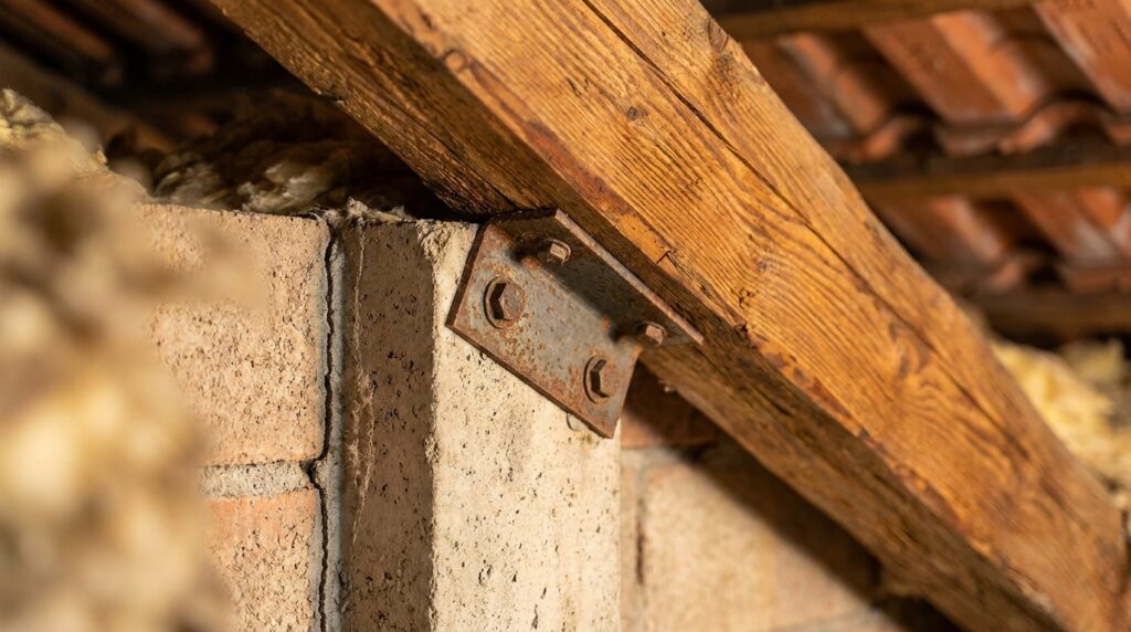 Detalhe de junção entre viga de madeira e suporte metálico com textura aparente em forro de teto.