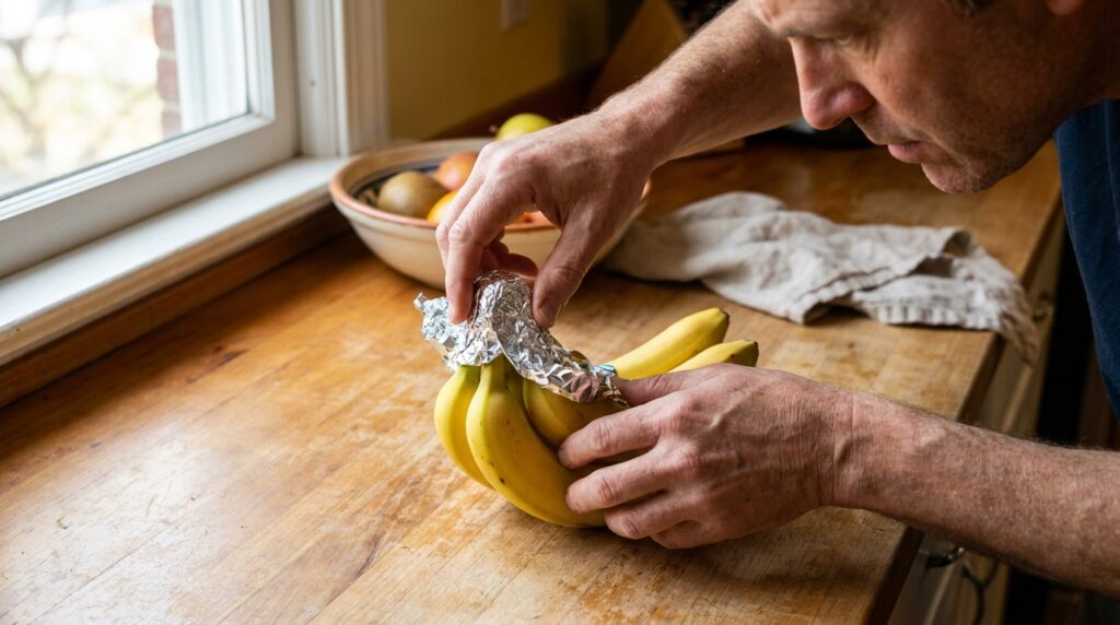 Mãos de uma pessoa envolvendo o talo de um cacho de bananas com papel-alumínio em uma bancada de cozinha iluminada.