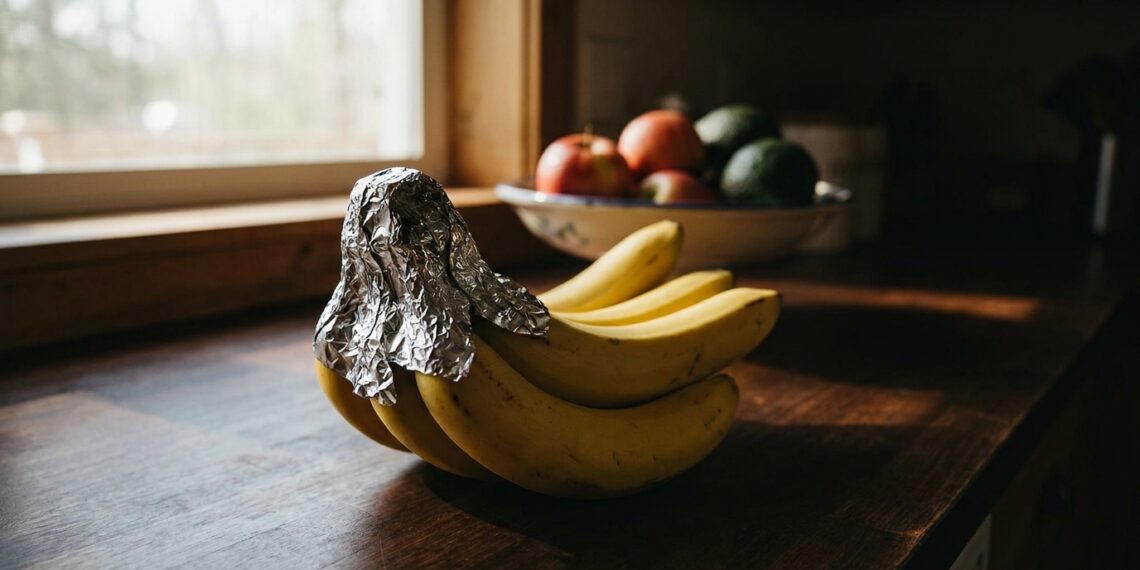 Cacho de bananas maduras com o talo envolto em papel-alumínio sobre bancada de madeira, com fruteira de maçãs e abacates ao fundo desfocado.