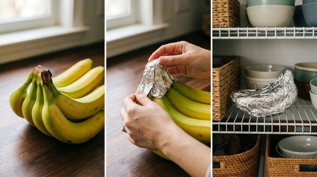 Tríptico mostrando um cacho de bananas com talo exposto, depois mãos envolvendo o talo com papel-alumínio e, por fim, as bananas guardadas em local fresco e arejado.