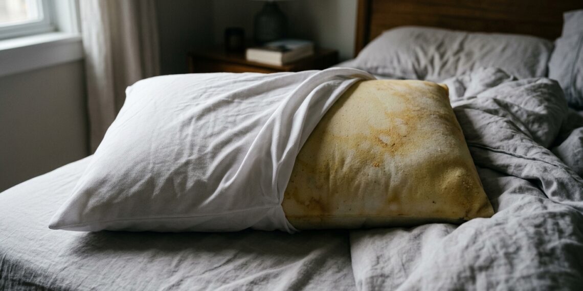 Fronha de algodão branco dobrada para trás revelando mancha amarelada de oxidação na espuma interna do travesseiro sobre a cama.