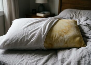 Fronha de algodão branco dobrada para trás revelando mancha amarelada de oxidação na espuma interna do travesseiro sobre a cama.