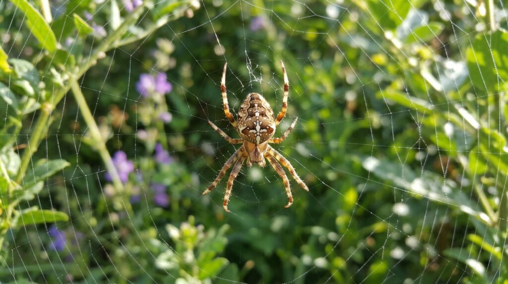 Aranha no centro de teia armada entre plantas e muro, em área externa iluminada por luz natural.