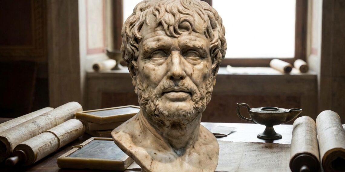 Busto em mármore do filósofo estoico Sêneca sobre uma bancada de estudos.