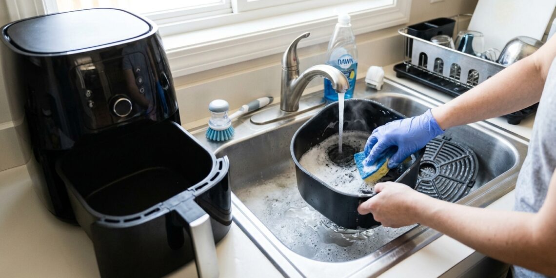 Pessoa realizando limpeza detalhada de eletrodoméstico com expressão concentrada em cozinha iluminada