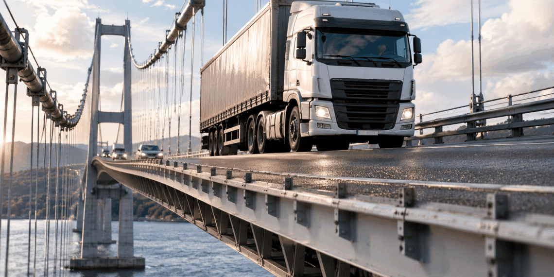 Caminhão pesado atravessa uma ponte de concreto projetada para apresentar pequenas deformações sob as cargas do tráfego.