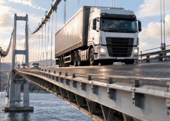 Caminhão pesado atravessa uma ponte de concreto projetada para apresentar pequenas deformações sob as cargas do tráfego.