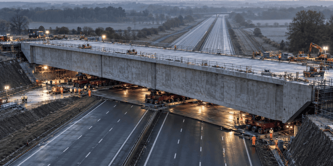 Viaduto gigante de concreto armado sendo empurrado por macacos hidráulicos sobre trilhos lubrificados na autoestrada M42