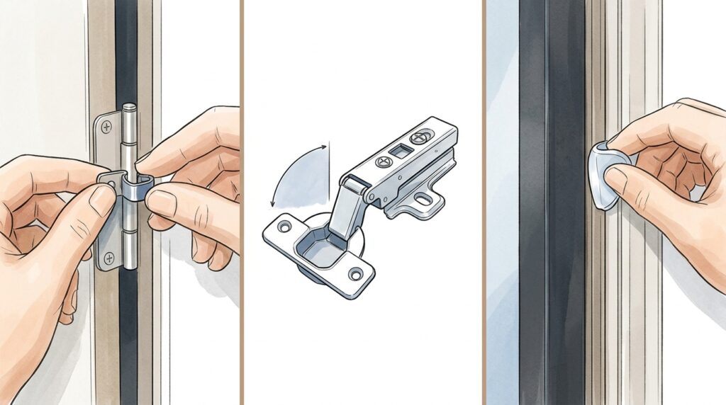 A porta de canto do armário da cozinha abriu demais e a dobradiça estalou, ficando totalmente solta? O mecanismo interno de mola quebrou