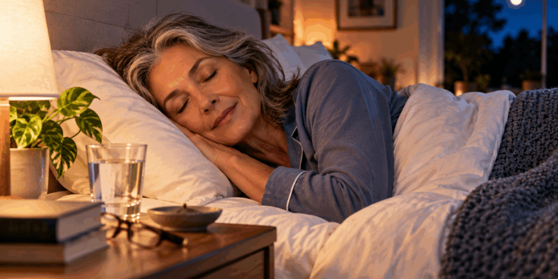 Mulher com mais de 50 anos dorme em quarto escuro preparado para favorecer um sono de melhor qualidade.
