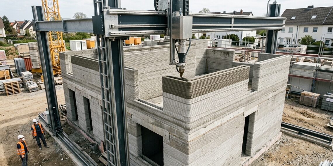 Impressora 3D de grande porte deposita material cimentício nas paredes de um prédio em construção.