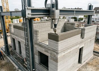 Impressora 3D de grande porte deposita material cimentício nas paredes de um prédio em construção.