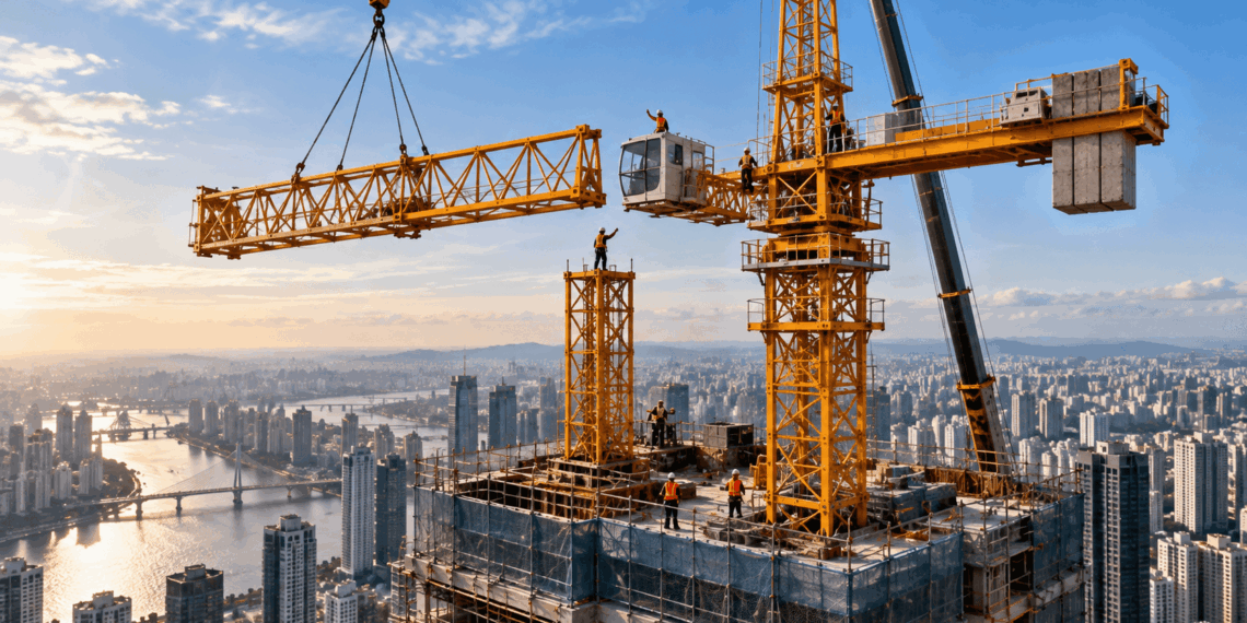Enorme guindaste se projeta acima de um arranha-céu ainda em construção.