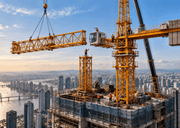 Enorme guindaste se projeta acima de um arranha-céu ainda em construção.