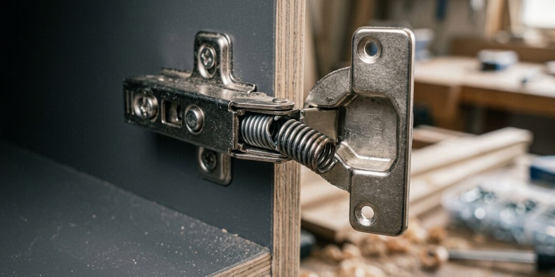 A porta de canto do armário da cozinha abriu demais e a dobradiça estalou, ficando totalmente solta? O mecanismo interno de mola quebrou