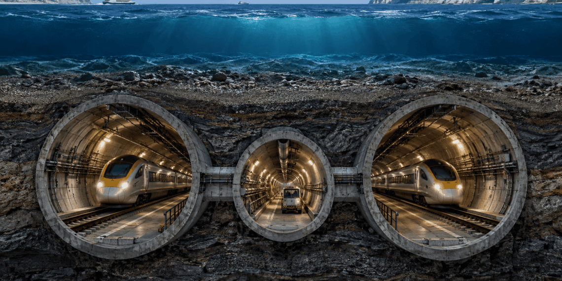 Três túneis paralelos do Eurotúnel aparecem sob o Canal da Mancha, com trens circulando apenas nas duas galerias externas.