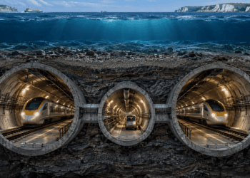 Três túneis paralelos do Eurotúnel aparecem sob o Canal da Mancha, com trens circulando apenas nas duas galerias externas.