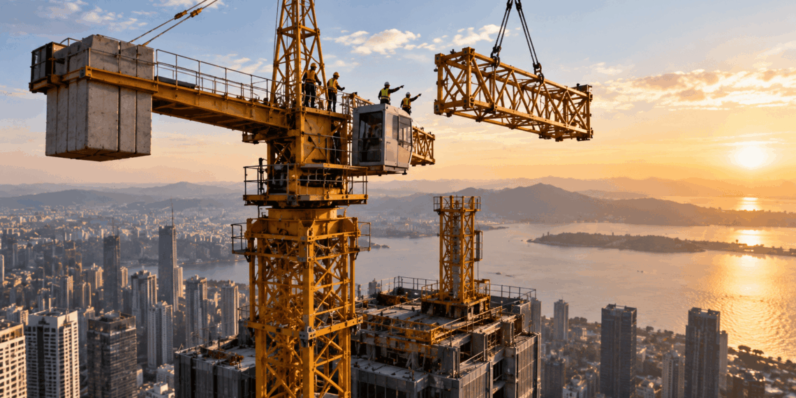 Guindaste derrick desmonta uma grande grua no topo de um edifício a centenas de metros de altura.
