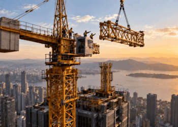 Guindaste derrick desmonta uma grande grua no topo de um edifício a centenas de metros de altura.