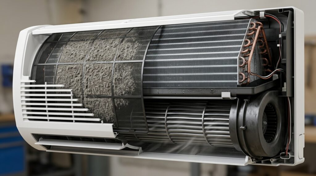 Corte técnico de ar-condicionado mostra filtro com poeira diante da serpentina e da turbina da evaporadora.