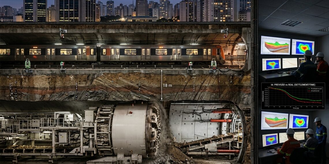 Tuneladora escava uma nova galeria abaixo de um túnel de metrô monitorado para prever possíveis deformações.