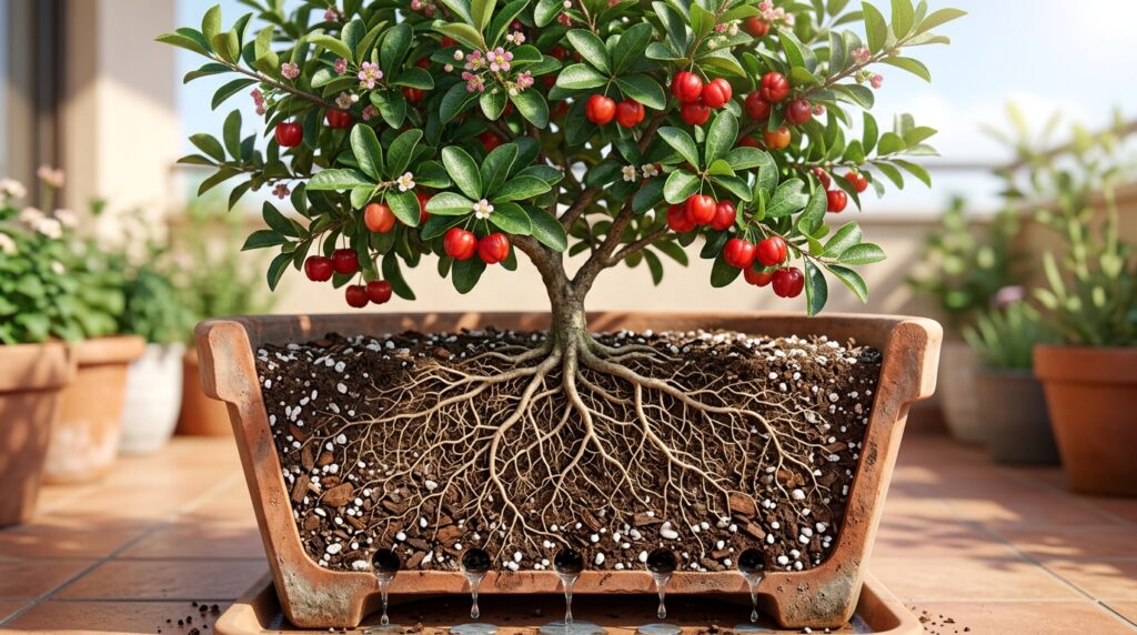 Corte de vaso mostra raízes e substrato de uma aceroleira cultivada em recipiente.