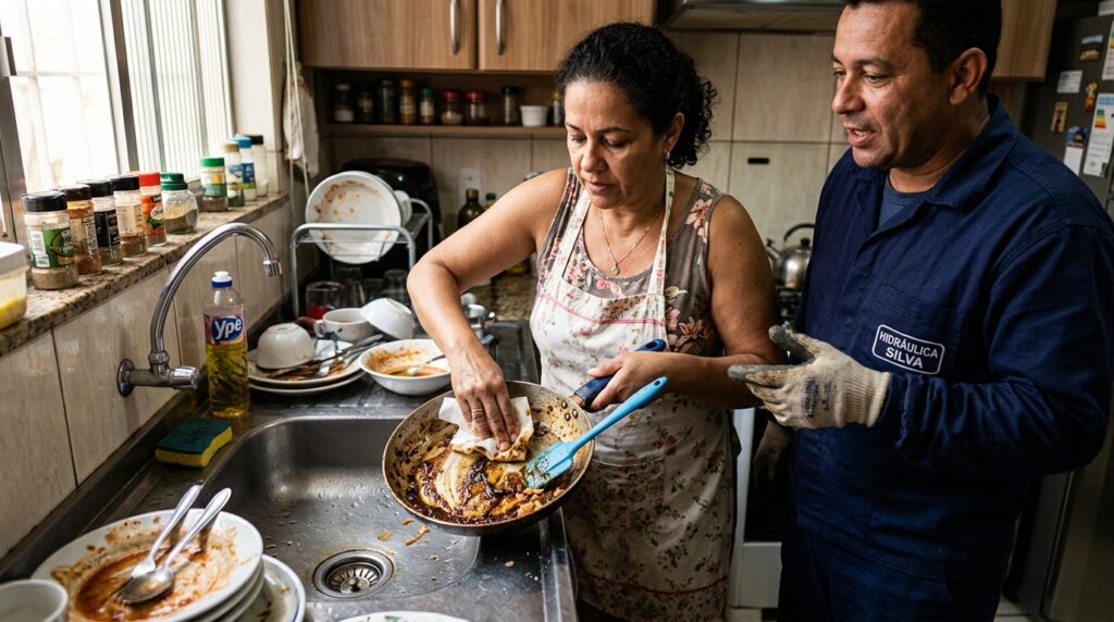 Pessoa retira o excesso de gordura de uma frigideira antes de lavar a peça na pia da cozinha.
