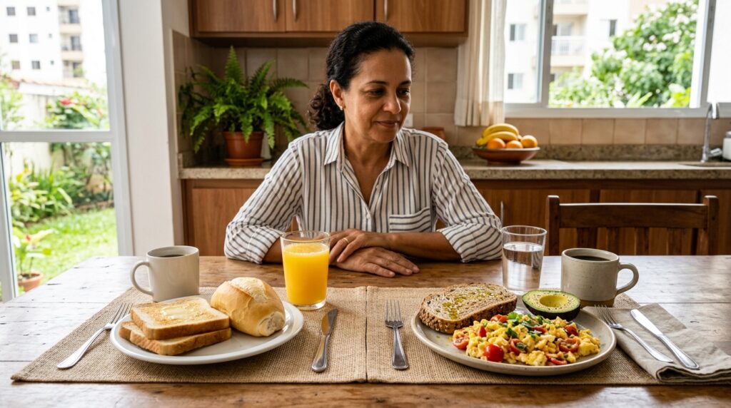 Duas refeições com composições diferentes são apresentadas lado a lado sobre uma mesa.