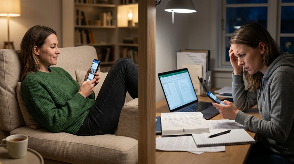 Adult_comparing_two_smartphone_b%E2%80%A6_20260917115328-1024x572 A psicologia indica que passar muito tempo nas redes sociais pode não ser tão importante quanto perceber que você continua rolando a tela mesmo quando queria estar fazendo outra coisa