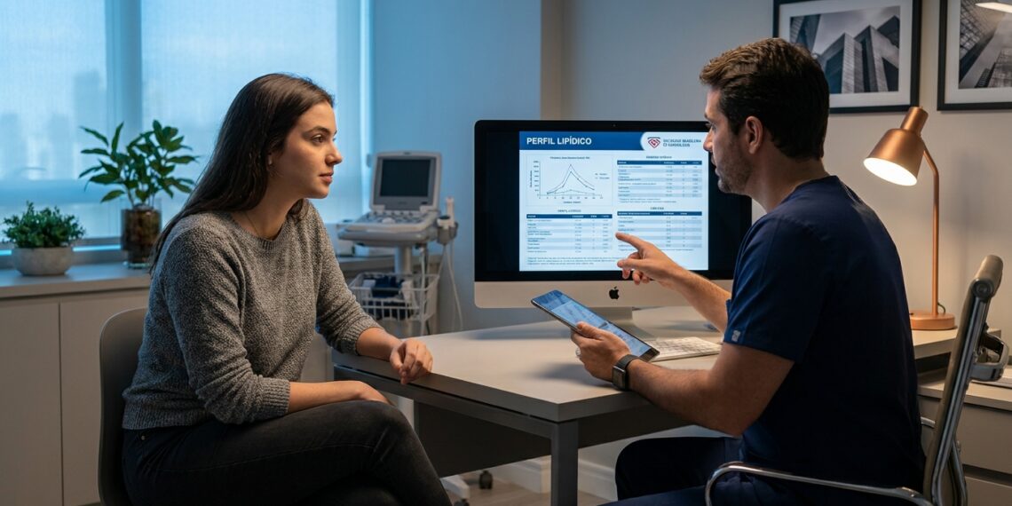 Jovem de 20 anos em consulta médica preventiva analisando exames de sangue e saúde cardiovascular em consultório clínico