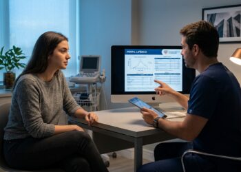 Jovem de 20 anos em consulta médica preventiva analisando exames de sangue e saúde cardiovascular em consultório clínico