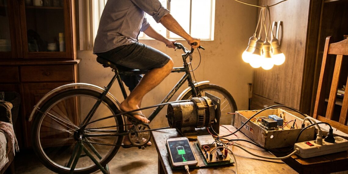 Pedalar uma bicicleta pode gerar até 100 W úteis de eletricidade, o suficiente para acender lâmpadas LED e carregar um celular