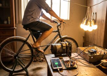 Pedalar uma bicicleta pode gerar até 100 W úteis de eletricidade, o suficiente para acender lâmpadas LED e carregar um celular