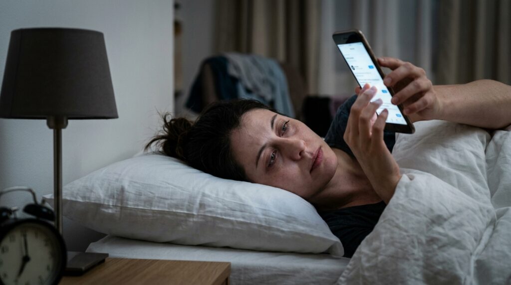 Adult_scrolling_smartphone_at_be%E2%80%A6_20260918154819-1024x572 Você promete dormir cedo, mas chega à meia-noite rolando a tela: a psicologia estuda por que adiamos voluntariamente a hora de dormir
