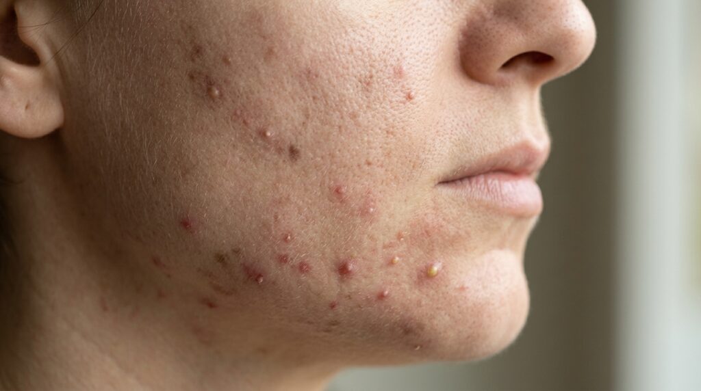 Detalhe do rosto de um adulto mostra comedões, pequenas pápulas e outras lesões características da acne.