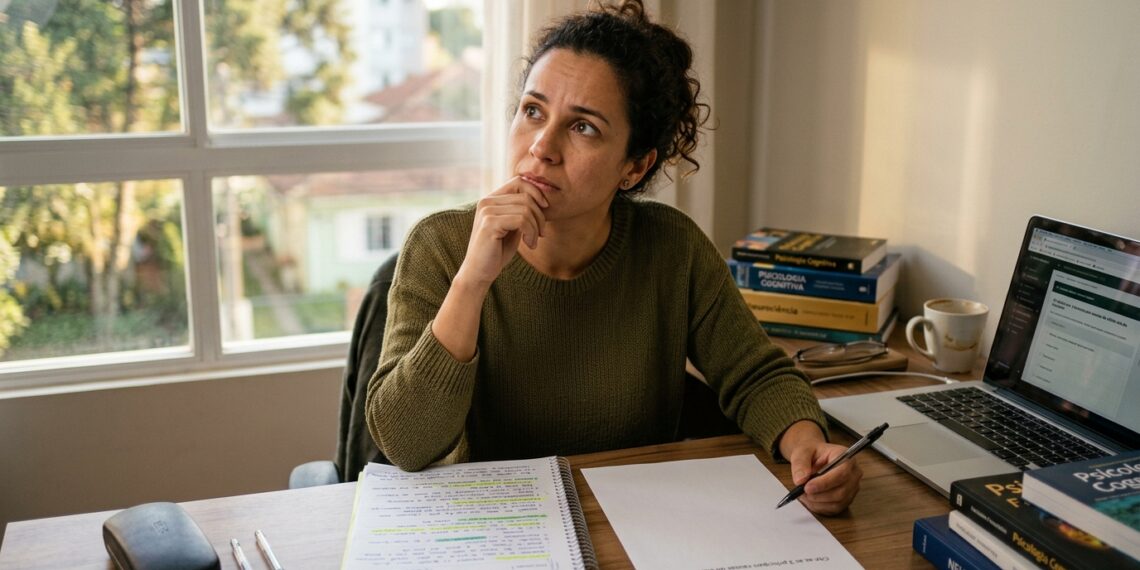Mulher fecha o material de estudo e tenta escrever de memória os conceitos que acabou de aprender.