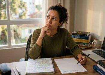 Mulher fecha o material de estudo e tenta escrever de memória os conceitos que acabou de aprender.