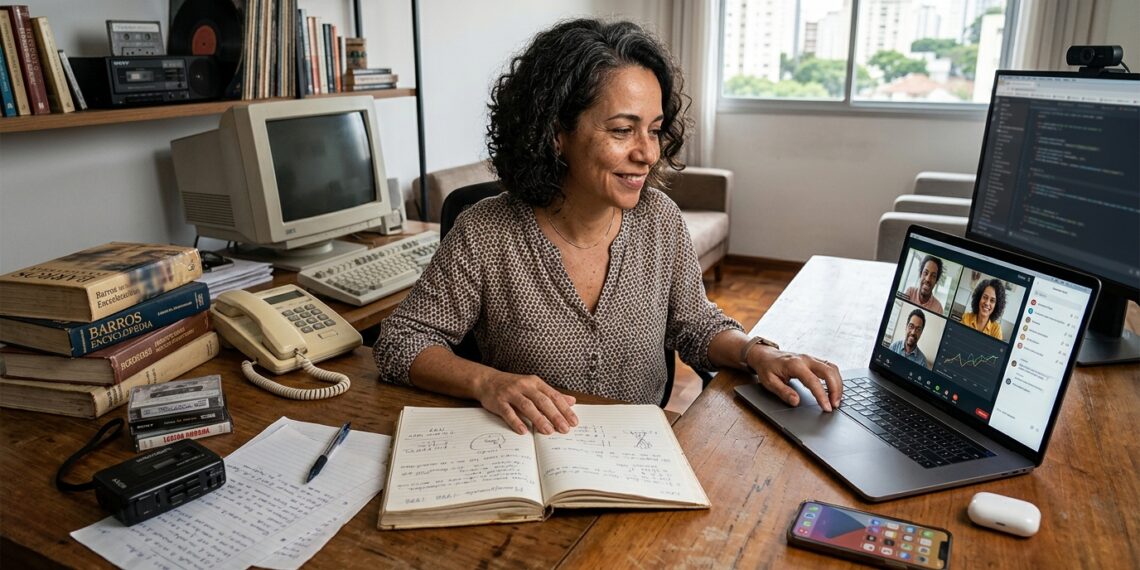 Pessoa nascida entre 1975 e 1985 utiliza ferramentas analógicas e digitais que representam diferentes fases de sua vida.
