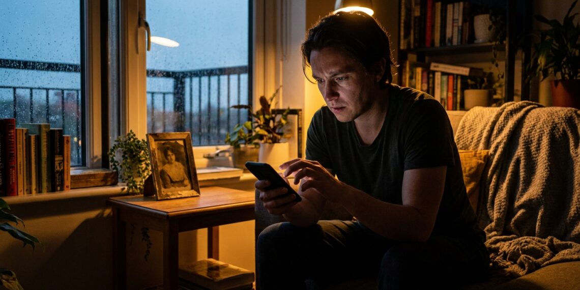 Adulto sentado próximo à janela de um apartamento em meia-luz, segurando um celular com expressão pensativa e reflexiva.