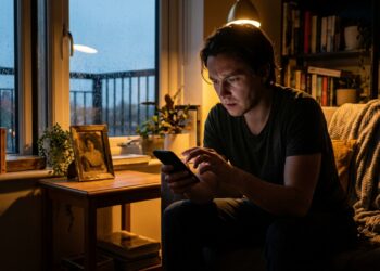 Adulto sentado próximo à janela de um apartamento em meia-luz, segurando um celular com expressão pensativa e reflexiva.