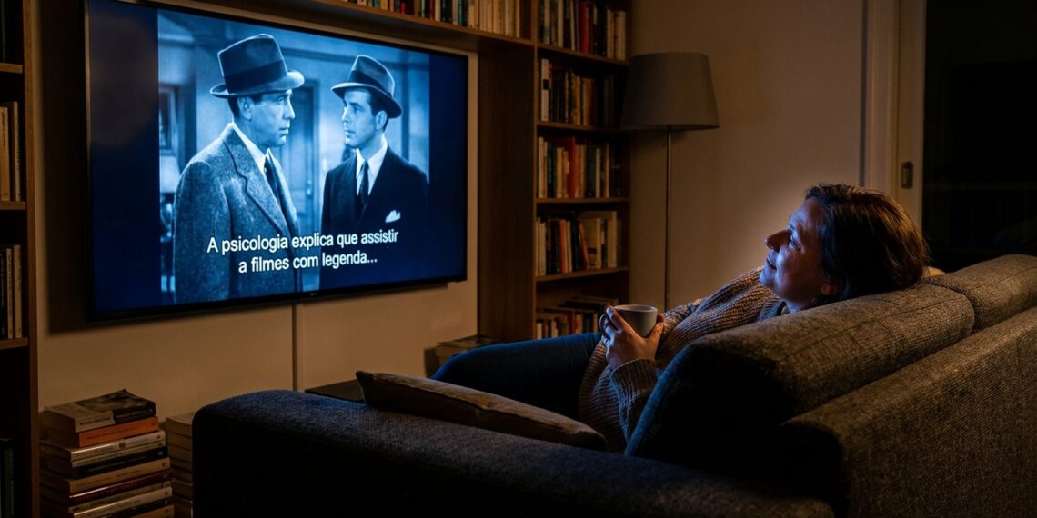Pessoa descansando no sofá da sala escura enquanto assiste a filme na televisão com legendas ativadas