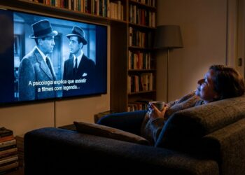 Pessoa descansando no sofá da sala escura enquanto assiste a filme na televisão com legendas ativadas