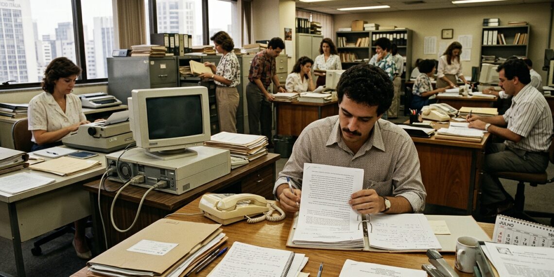 Profissionais trabalham com documentos impressos, telefone fixo e computador de tubo em escritório do fim dos anos 1980.