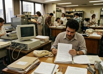 Profissionais trabalham com documentos impressos, telefone fixo e computador de tubo em escritório do fim dos anos 1980.