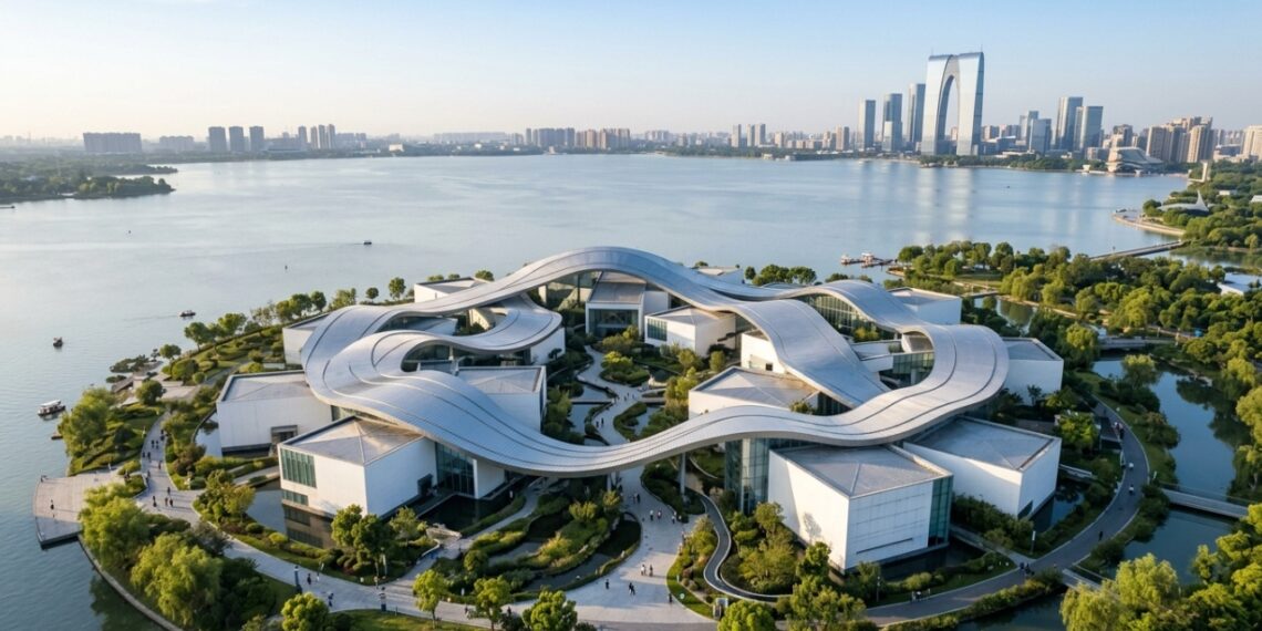 Museu de Suzhou une pavilhões sob cobertura em fita