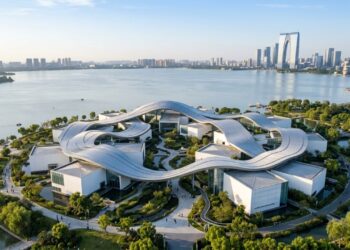 Museu de Suzhou une pavilhões sob cobertura em fita