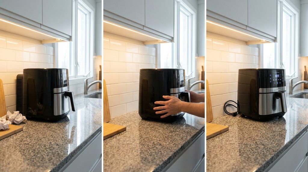 Encostar a air fryer na parede durante o uso pode bloquear a sa&iacute;da de ar quente e aumentar o aquecimento ao redor do aparelho