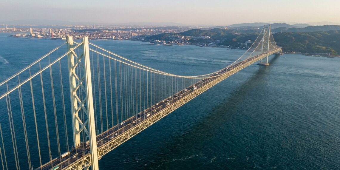 Com vão de 1.991 metros, ponte no Japão teve o projeto recalculado depois que um terremoto deslocou suas torres